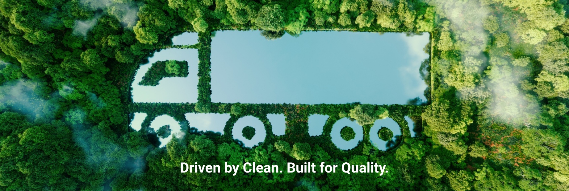 A truck-shaped lake in the midst of pristine nature, illustrating the concept of clean, greenhouse-free transport in the form of electric, hybrid or hydrogen propulsion. 3d rendering.